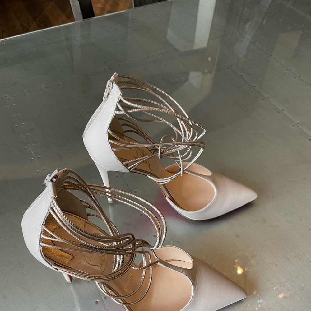 Christian louboutin confusa stiletto 100mm beige gold strappy pump sz 38 - Picture 5 of 11